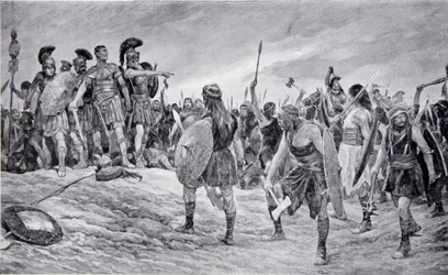 Vespasianus gered door zijn zoon Titus, illustratie uit 