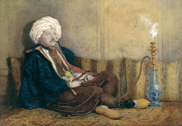 Portret van Sir Thomas Philips in oosters kostuum, liggend met een waterpijp