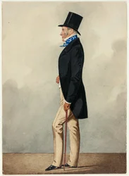 Portret van een man in zwarte jas en blauwe en witte das