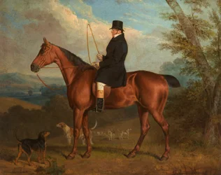 De dominee W. Parker op een bay hunter met honden