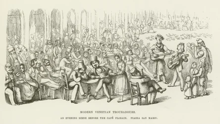Moderne Venetiaanse troubadours, een avondscène voor het Café Florain, Piazza San Marco