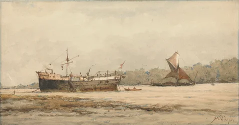 Een Gemeerde Bark en Schuit in een Rivier