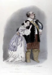 Giulia Grisi en Luigi Lablache in de 3e akte van I Puritani door Vincenzo Bellini. Lithografie door R. J. Lane. 1835