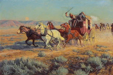 Postkoets achtervolgd door gemonteerde indianen, 1912