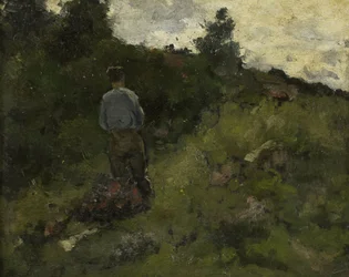 Een boer die langs de rand van een bos loopt