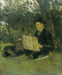 Jan Verkade (1868-1946) schilderend onder een boom in Hattem