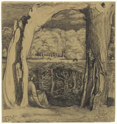 Landschap met een vrouw zittend tussen twee wilgen