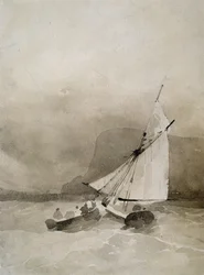 Een Zeilschip en een Roeiboot in ruwe zeeën bij Beachy Head, Sussex
