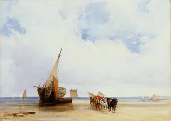 Gestrandde schepen en een wagen bij Trouville