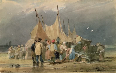 Vissersvolk op een Strand, een Storm nadert