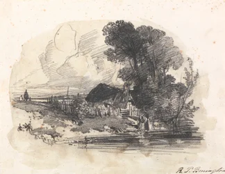 Bomen en een huisje bij een rivier