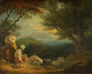 Landschap met vrouwen, schapen en hond, 1830