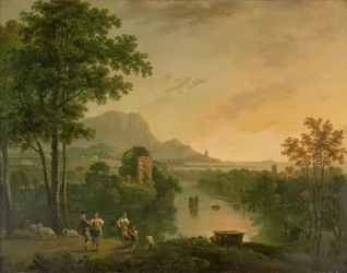 Kustlandschap in de Avond met Herder en Herderinnen die Dansen