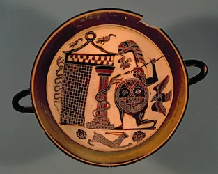Laconische zwartfigurige beker met een krijger die een slang aanvalt, 6e eeuw v.Chr.