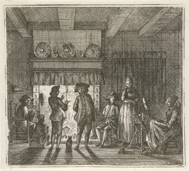 Interieur met figuren bij open haard
