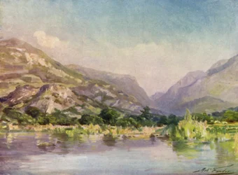 Aan de rivier Seiont, Carnarvonshire, avondgloed (kleur litho)