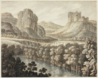 Een romantisch landschap met een verwoest kasteel