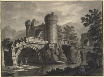 Architectonische fantasie van een verwoeste brug in een landschap