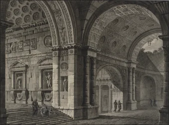 Architectonische fantasie van het interieur van een oud gebouw met gedeeltelijk verwoeste gewelven