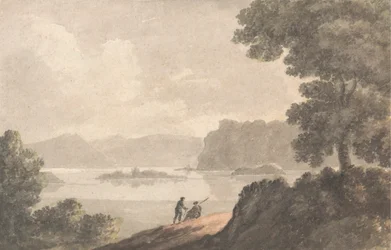Figuren in een romantisch landschap aan het meer