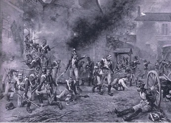 De verdediging van Hougoumont 18 juni 1815, illustratie uit Britse gevechten op land en zee, 1915