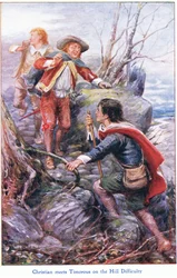 Christen ontmoet Timorous op de heuvel van moeilijkheden, uit De Pelgrimsreis, uitgegeven door John F Shaw & Co, ca. 1900