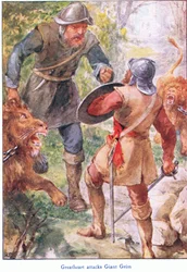 Great Heart valt Giant Grim aan, uit The Pilgrims Progress gepubliceerd door John F Shaw & Co, ca. 1900