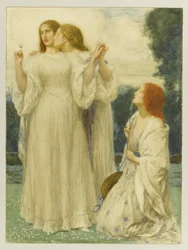 Het orakel: drie jonge vrouwen in een park, 1897