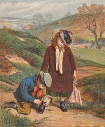 Een vriend in nood, een jongen die de schoenen van een meisje vastmaakt