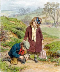 Broer die de schoen van zijn zus strikt, pub. 1854