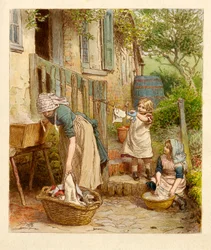 Moeder en kinderen hangen de was op