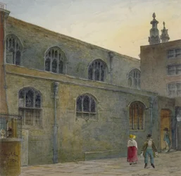 Noordzijde van Guildhall Chapel met de ingang naar Cutthroat Alley, City of London, 1820