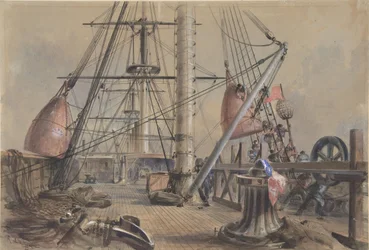 Een van de grote boeien eruit halen: Het dek van de Great Eastern kijkend vanaf... (1865-66)