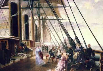 Aan boord van het stoomschip en wiel 