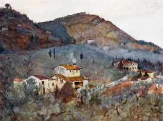 Mistige ochtend onder Monte Ceceri, Fiesole (kleurenlitho)