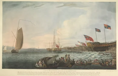 Een uitzicht op Blackwall, met een deel van de scheepswerf, bij de tewaterlating van de Bombay Castle, 74 kanonnen, gebouwd op kosten van de Hon. East India Company en door hen aan Zijne Majesteit gepresenteerd in juni 1782