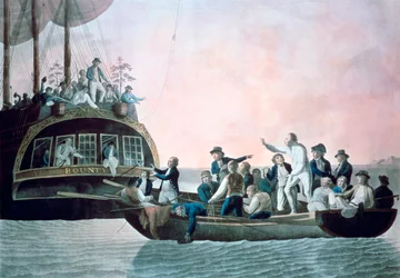 De muiters zetten luitenant Bligh en bemanning af van het schip de Bounty, 1790