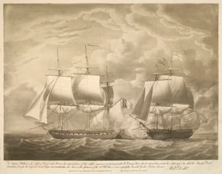Aan Kapitein Phillimore, zijn Officieren, Matrozen en Mariniers, deze voorstelling van hun bekwame manoeuvre (door onder de Achtersteven van de Vijand door te varen toen hij verwachtte dat ze de weerstand zouden innemen) waardoor het Fregat EUROTAS van Zij