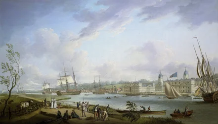 Uitzicht op Greenwich, beschrijving van de Theems en activiteiten op de oevers, evenals van de riviernavigatie, onderhevig aan het belang van de getijden. Olieverf op doek