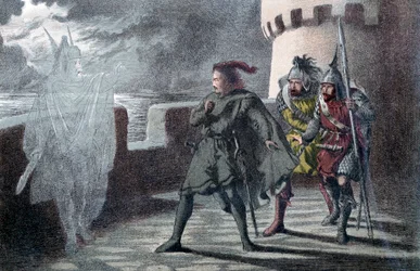 Hamlet ziet de geest van zijn vader op de kantelen van kasteel Elsinore