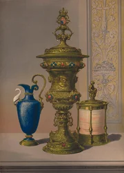 Zilveren vergulde en met juwelen versierde vaas, porseleinen vaas, sigarenkist, 1863