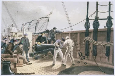 Het verbinden van de kabel na het eerste ongeluk aan boord van de Great Eastern, 25 juli