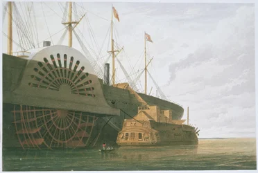 Het oude fregat HMS Agamemnon met haar gewicht aan kabel langszij de SS Great Eastern, uit 