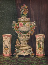 Vaas van Dresden porselein en paar porseleinen bekers, 1863