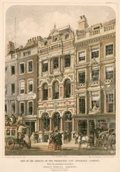 Gezicht op de kantoren van de Promoter Life Insurance Company met de aangrenzende gebouwen, Fleet Street, Londen (kleurenlitho)