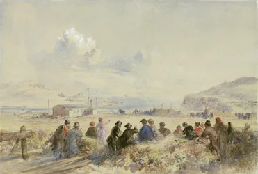 Manoeuvres kijken vanaf de duinen, Foilhummerum Bay, Valentia, ca.1865 (aquarel op papier)