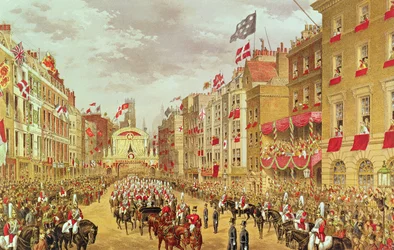 Bruiloftsstoet van Edward, Prins van Wales en Prinses Alexandra rijdend door de stad bij Temple Bar, 7 maart 1863, illustratie uit 