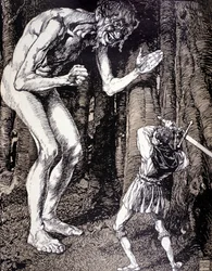 De ridder en de reus. Illustratie door Robert Engels (1856 - 1936). Duitse gravure. (Düsseldorf)