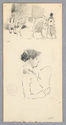 Tekening, Scène met ezel en twee figuren; vrouw met waaier, 1882