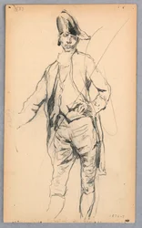 Tekening, Staande mannelijke figuur in zeventiende-eeuws kostuum, 1876-77